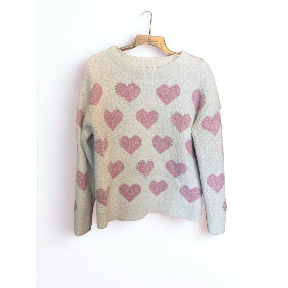 Absolutely Sweater Pink/White with‎ Hearts and Beads Size SM Cozy fall/winter